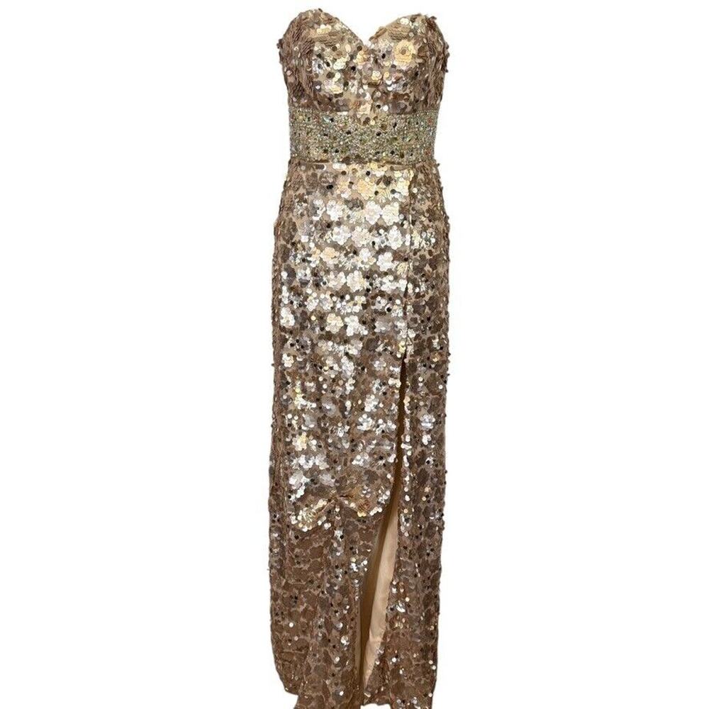 Night Moves Light Gold All Over Sequin Beaded Strapless Formal 6755 Dress Gown 4